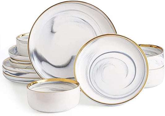 12 Piece White Grey Marble Porcelain Round Dinner Dish Sets