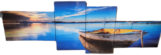 Landscape Blue Boat On Sea Painting