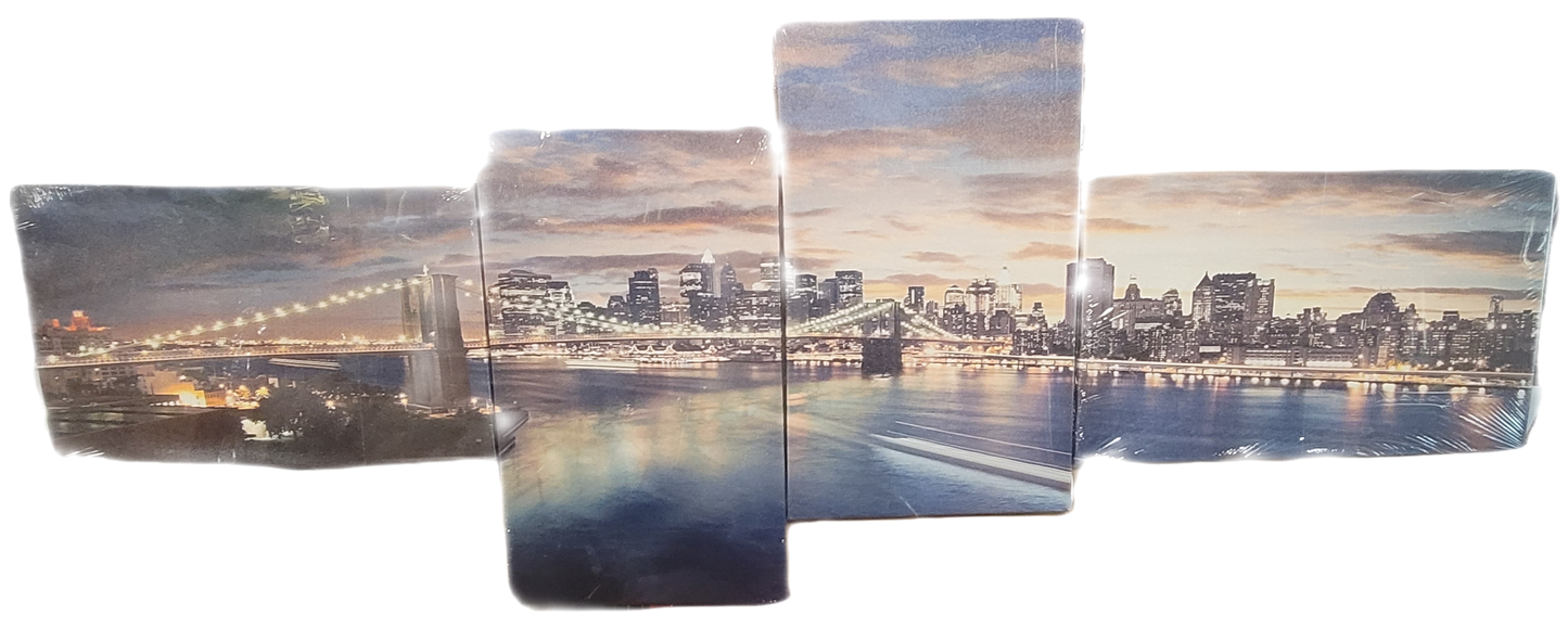 Lienzo de puente de Brooklyn de Nueva York, arte de pared, vista nocturna, 4 paneles, arte de paisaje moderno, impresiones en lienzo 